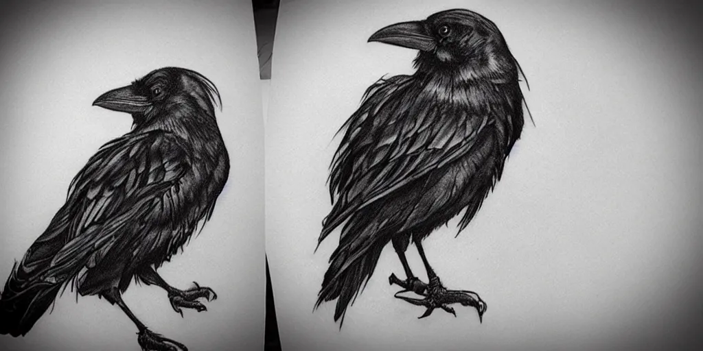 Image similar to realistic tattoo designs drawn on paper, raven, dark, golden, delicate, hyper realism, tim burton, ink, ultra realistic, 8 k