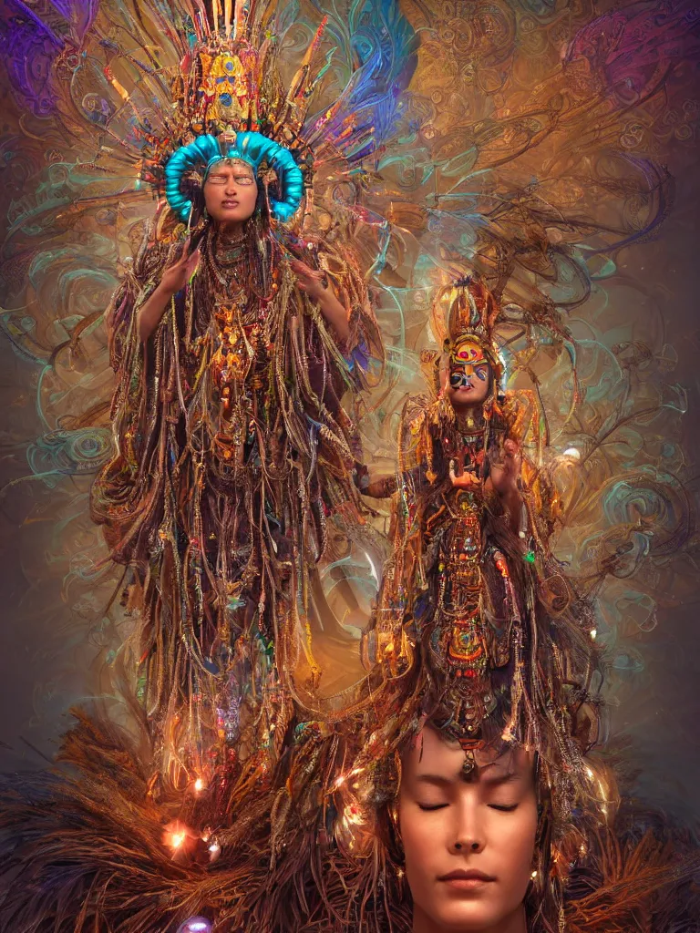 Image similar to an ancient mystical alluring tribal elder wearing an intricate head dress of feathers and jewels generating flowing energy and surrounded by wisps of incense smoke sits meditating in a cybernetic robot temple, face face face, by justin gerard and android jones, 3 d, cinema 4 d render, trending on artstation, 8 k