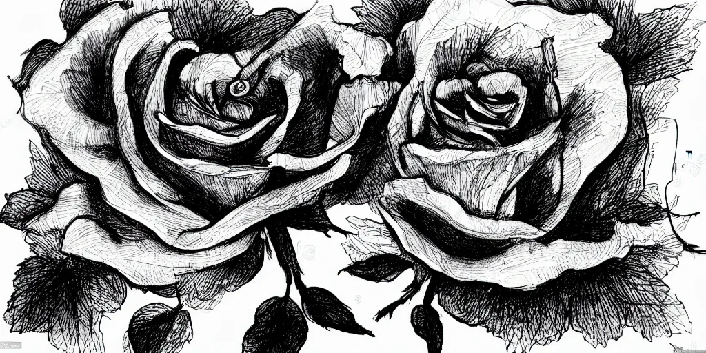 Prompt: ink lineart drawing of a rose, white background, etchings by goya, chinese brush pen illustration, high contrast, deep black tones, contour