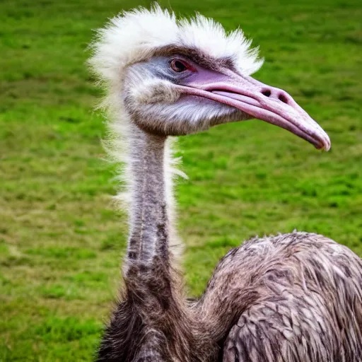 Image similar to ostrich and velociraptor hybrid animal, realistic picture, taken in zoo