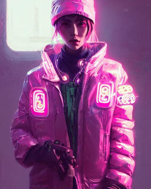 Image similar to detailed portrait Neon Operator Girl, cyberpunk futuristic neon, reflective puffy coat, decorated with traditional Japanese ornaments by Ismail inceoglu dragan bibin hans thoma greg rutkowski Alexandros Pyromallis Nekro Rene Maritte Illustrated, Perfect face, fine details, realistic shaded, fine-face, pretty face