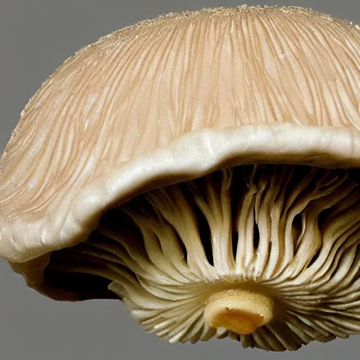 Prompt: beautiful roud mushroom cap is an alien ship, bottom view, luminous lamellae are clearly visible, no stipe, black background, d&d, epic composition