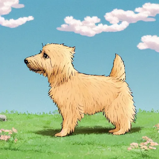 Image similar to A blond Norfolk terrier in the style of Studio Ghibli, very happy, detailed, award winning