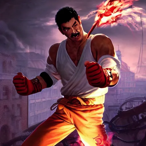 Image similar to freddy mercury as ryu street fighter, action shot, face detail, ultra realistic, concept art, intricate details, highly detailed, photorealistic, octane render, 8 k, unreal engine, art by frank frazetta, simon bisley, brom