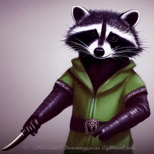 Prompt: a raccoon in a green, hooded rouge outfit holding dagger, trending on art station