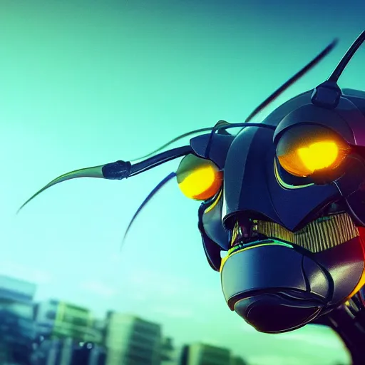 Image similar to synthwave cyborg insect alien face with wasp eyes, detailed face, sharp focus, synthwave art, aesthetic, octane render, raw, cinematic