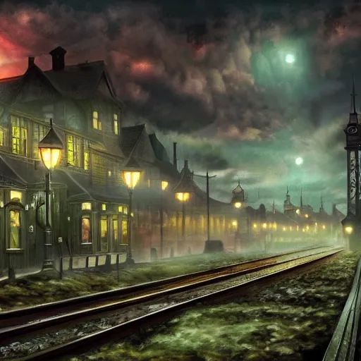 Prompt: arkham horror board game art wallpaper background railway station at night under dark clouds