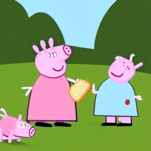 Prompt: Pope Peppa Pig eating a ham sandwich colorized archival footage