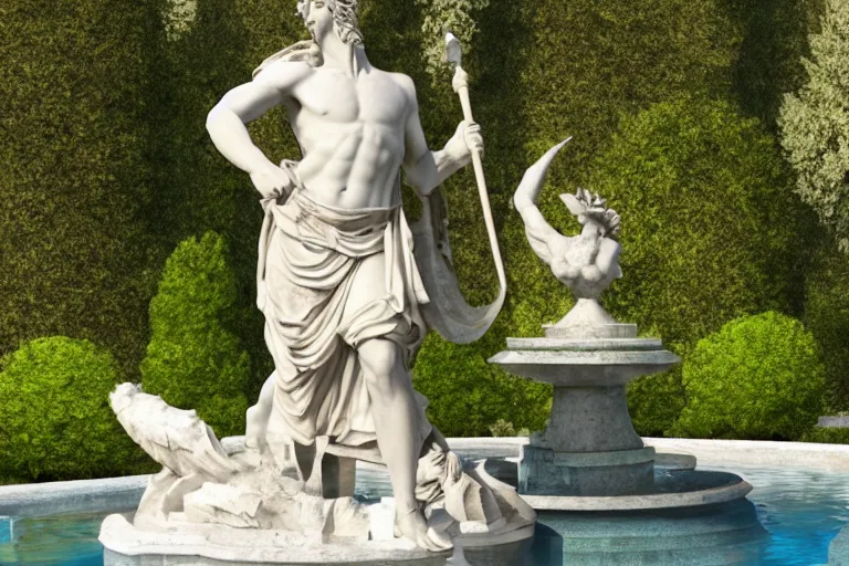 Image similar to photo of a beautiful greek statue in a garden surrounded by fountains, 4 k, hyper realistic, lens flare, octane render, hyper detailed, accurate proportions