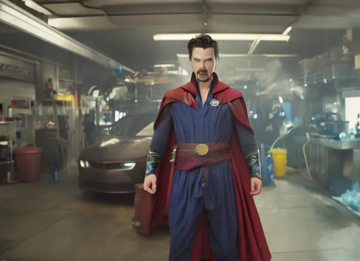 Image similar to film still of Doctor Strange working at a car wash in the new Avengers movie, 4k