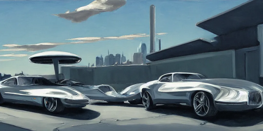 Prompt: art style by Ben Aronson and Edward Hopper and Syd Mead, wide shot view of some random alien planet, on ground level. Full view of a silver car designed by Henrik Fisker, Bruce Kaiserm and Jon Sibal.