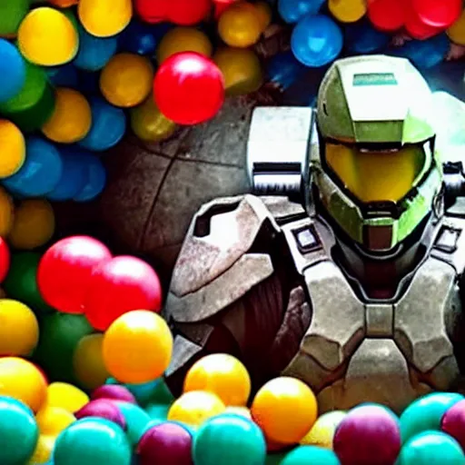 Image similar to Jesus playing in a ball pit with Master Chief from the Halo Franchise. There are balls flying around everywhere and eyes peeking out from in between the balls in the pit. Award winning photograph, HD