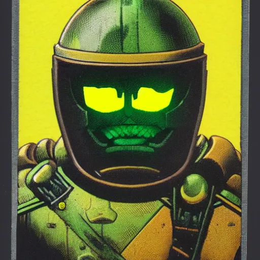 Image similar to portrait of a mutant chronicles bauhaus doomtrooper, wearing green battle armor, a yellow smiley sticker centered on helmet, by moebius