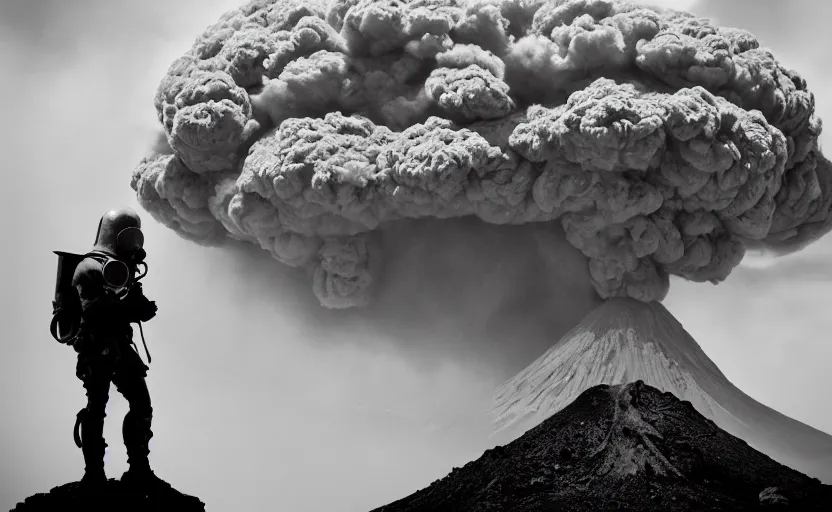 Prompt: A juggernaut soldier with a gasmask standing in front of an erupting volcano, vintage, professional photography, black and white, cinematic, eerie