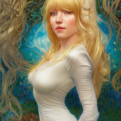 Prompt: A young woman with blonde long hair and bangs in shorts and white shirt drawn by Donato Giancola and Artgerm, face by Adam Hughes, Light by Julie Bell, design by alphonse mucha, background by James Jean and gustav klimt and John Marshall Gamble, 4k, volumetric lighting, french nouveau, trending on artstation, octane render, hyperrealistic