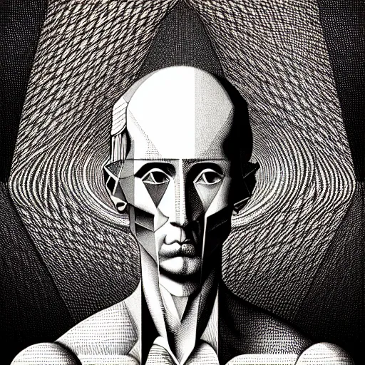 Image similar to grain effect conceptual figurative post - morden monumental portrait made by escher and piranesi, highly conceptual figurative art, intricate detailed illustration, illustration sharp geometrical detail, vector sharp graphic, controversial poster art, polish poster art