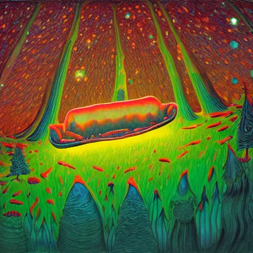 Image similar to psychedelic couch sofa in the pine forest, milky way, designed by moebius, rob gonsalves, gustav dore, giuseppe arcimboldo and carl barks, louis wain, trending on artstation, canada, star, sharp focus, colorful refracted sparkles and lines, soft light, 8 k 4 k