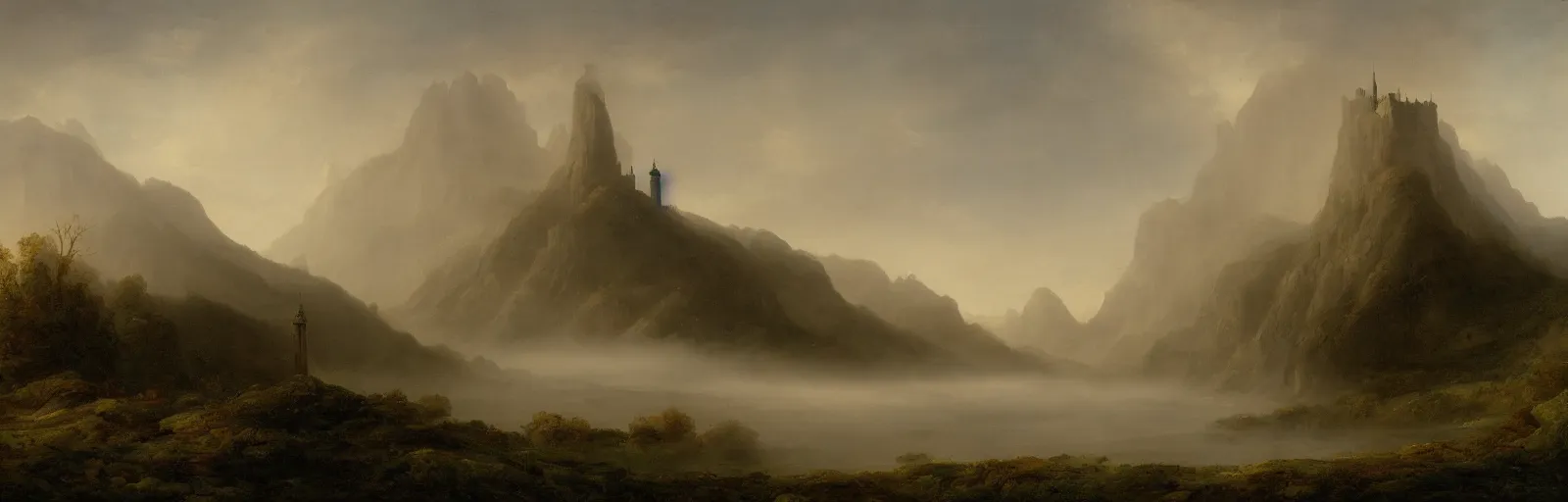 Prompt: a large,lone tower in the mist between the mountains,painting,romanticism,masterpiece