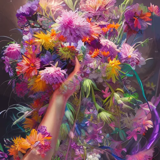 Prompt: a bouquet of ethereal big colorful transparent entangled flowers, wild foliage, vivid, detailed painting, beautiful colors, by Ross Tran, WLOP, artgerm and James Jean, masterpiece, award winning painting