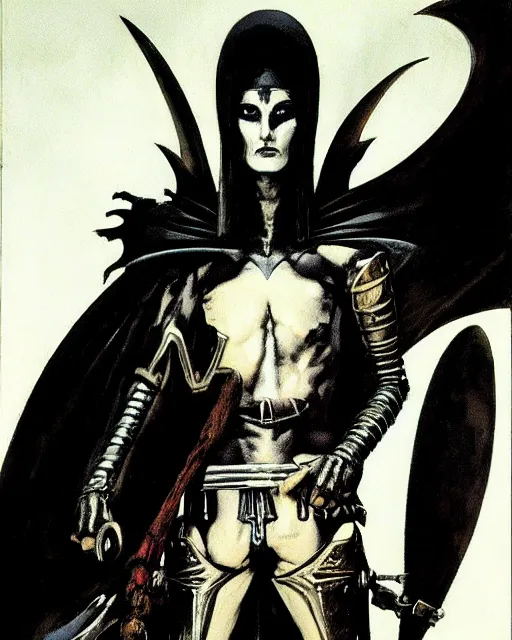 Image similar to portrait of an androgynous skinny bauhaus goth sorcerer wearing armor by simon bisley, john blance, frank frazetta, fantasy