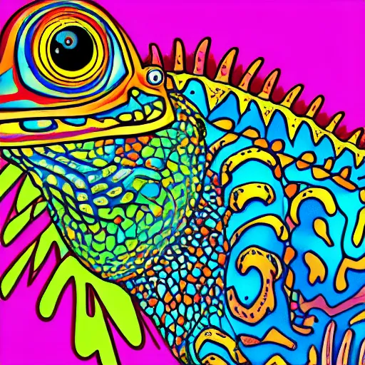 Image similar to psychedelic, photorealistic, colorful lizard in a maximalist style on a background that fades to black