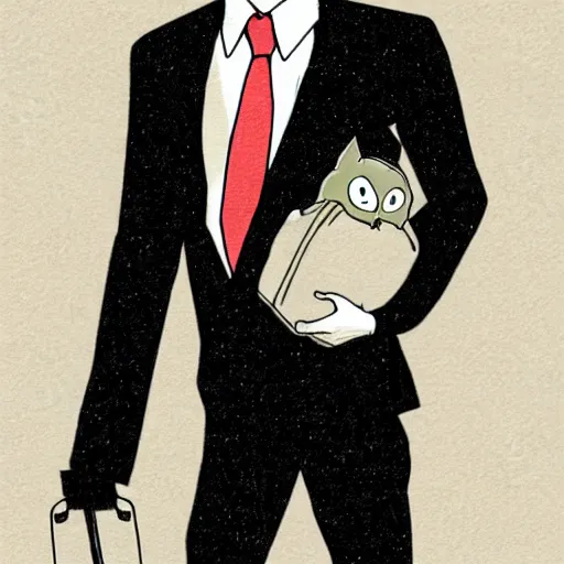 Image similar to barn owl in a black suit wearing an office bag going to the office,drawn by Hayao Miyazaki , highly detailed,anime, anime shot,anime colours, inspired by My Neighbor Totoro 1988,cell shading,volumetric dynamic lighting,anime lighting