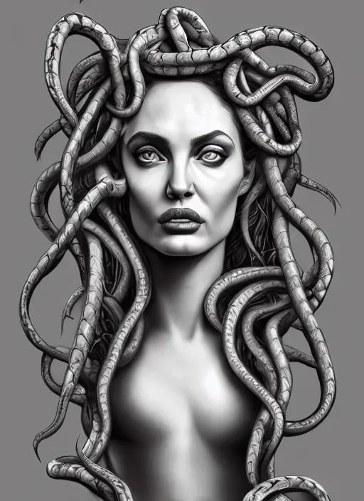Prompt: beautiful bust of medusa from greek mythology, gorgon, angelina jolie seductive expression, big snakes with open mouth in his head, snakes in place of hair, pencil drawing, hyperdetailed, 8 k realistic, trending on artstation, by kelvin okafor and marco mazzoni and pierre - yves riveau