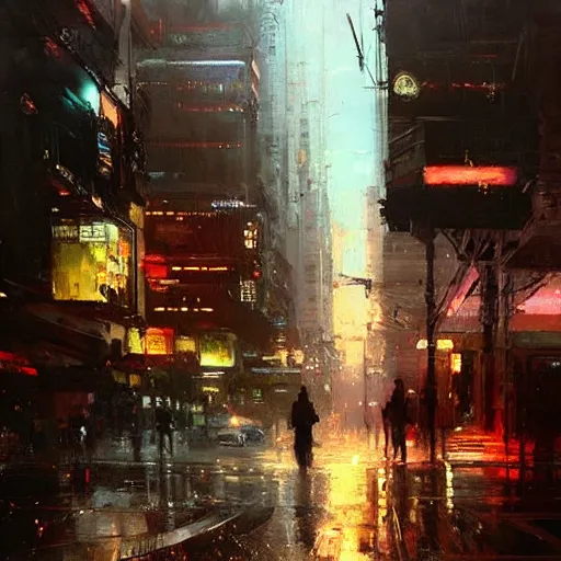 Image similar to cyberpunk cityscape, downtown scene, beautiful details, painting by jeremy mann