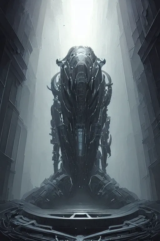 Image similar to professional concept art of a symmetrical! ominous floating mechanical steel terrifying giant monster thing in a dark room by artgerm and greg rutkowski. an intricate, elegant, highly detailed digital painting, concept art, smooth, sharp centred focus, illustration, in the style of cam sykes, wayne barlowe, igor kieryluk.