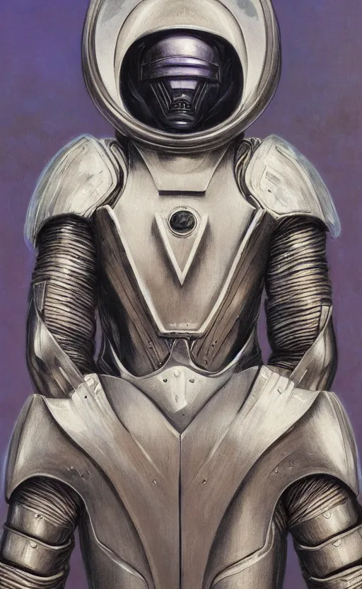 Image similar to full body portrait of beautiful gothic and futuristic fashion model, elegant smooth space armour, cyber armour, helmet, highly detailed, artstation, illustration, composition, 8 k quality, art by jean delville, rene magritte, hyperrealism oil painting