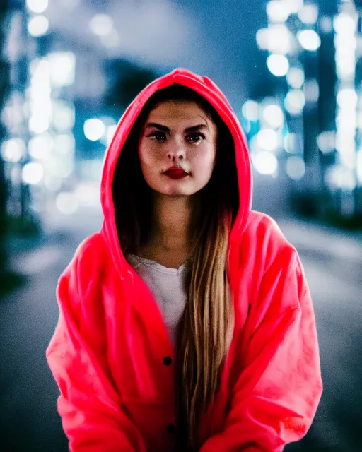 Image similar to a closeup portrait of as beautiful young woman wearing a transparent hoody standing in the middle of a busy night road, misty with lots of bright neon lights on the background, very backlit, moody feel, dramatic