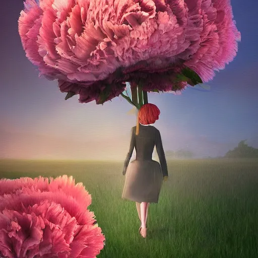 Image similar to giant carnation flower head, girl in a suit, on a path, surreal photography, sunrise, dramatic light, impressionist painting, digital painting, artstation, simon stalenhag