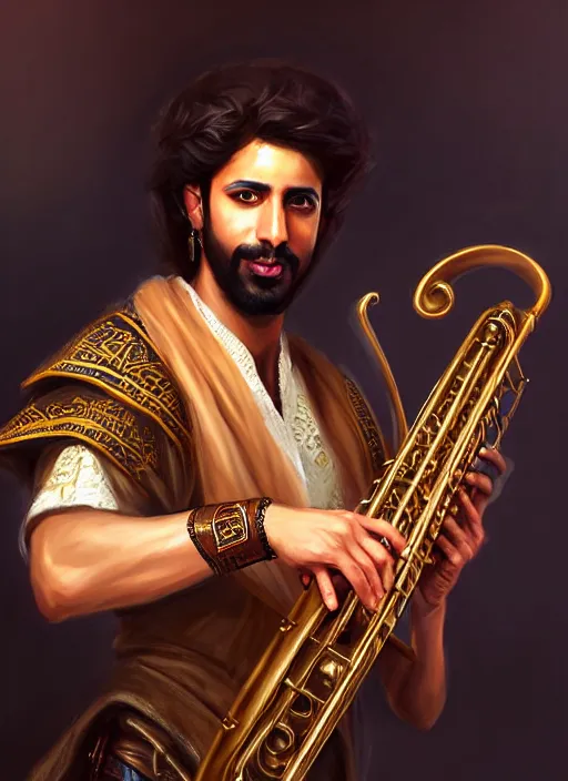 Image similar to a _ fantasy _ style _ portrait _ painting _ of arabian male charismatic bard playing instrument, rpg dnd oil _ painting _ unreal _ 5 _ daz. _ rpg _ portrait _ extremely _ detailed _ artgerm _ greg _ rutkowski _ greg