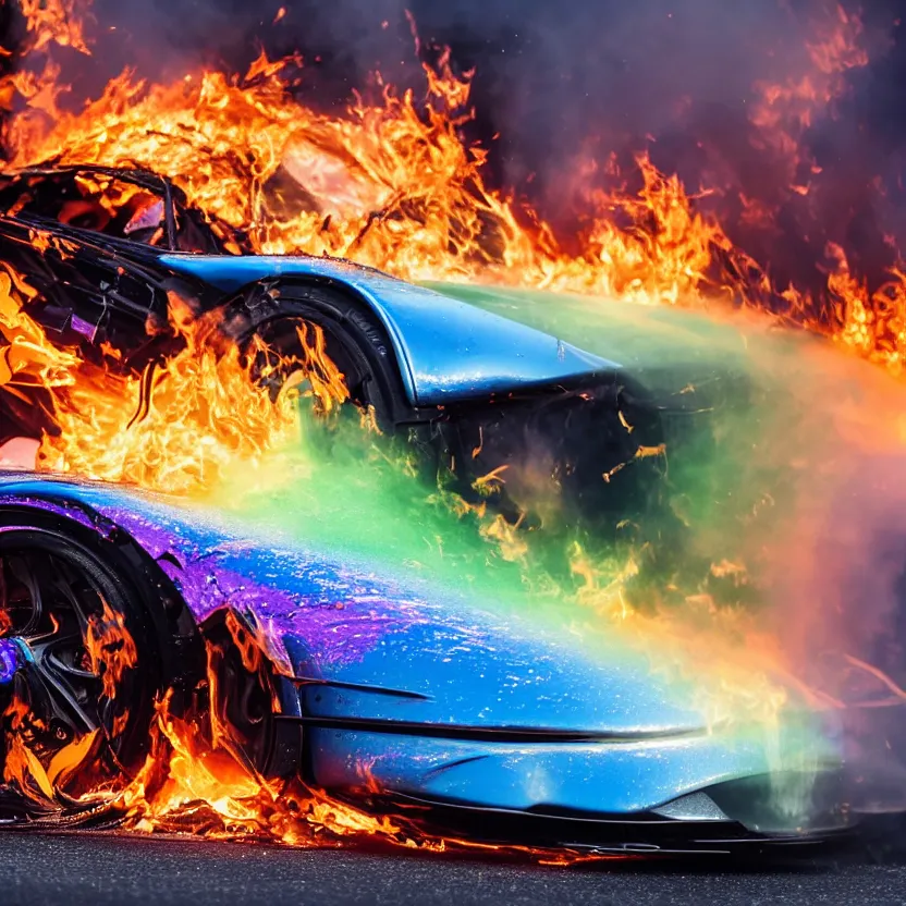 Image similar to close - up of an iridescent rainbow pagani huayra on fire after a big crash, 4 k, highly detailed, award winning, look at all that detail!