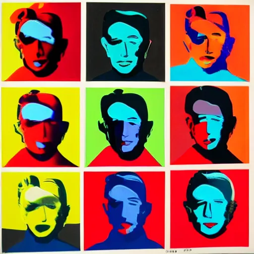 Prompt: cyborgs, panels, primary colors, cyborgs lithography, cyborgs by warhol, cyborgs in the style of andy warhol