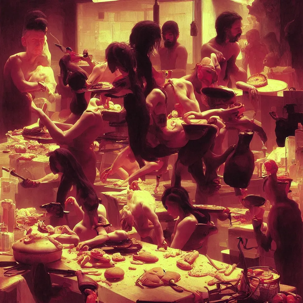 Image similar to weird and disturbing portrait of nick cave baking pizza, vivid colors, death, neon, art by ( ( ( kuvshinov ilya ) ) ) and wayne barlowe and thomas eakins and artgerm and wlop and william - adolphe bouguereau