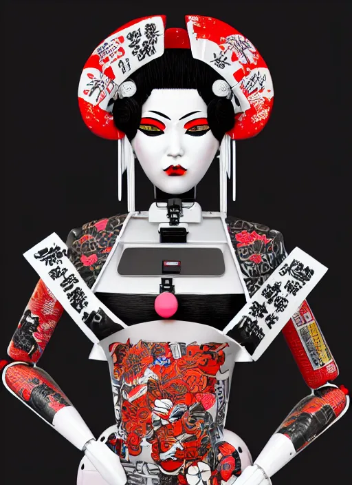 Image similar to full body photo of a punk geisha robot with kanji tattoos and decals wearing a digital pixelated kimono, intricate design, photo - realistic, octane render, ultra fine detailed, character design, trending on artstation