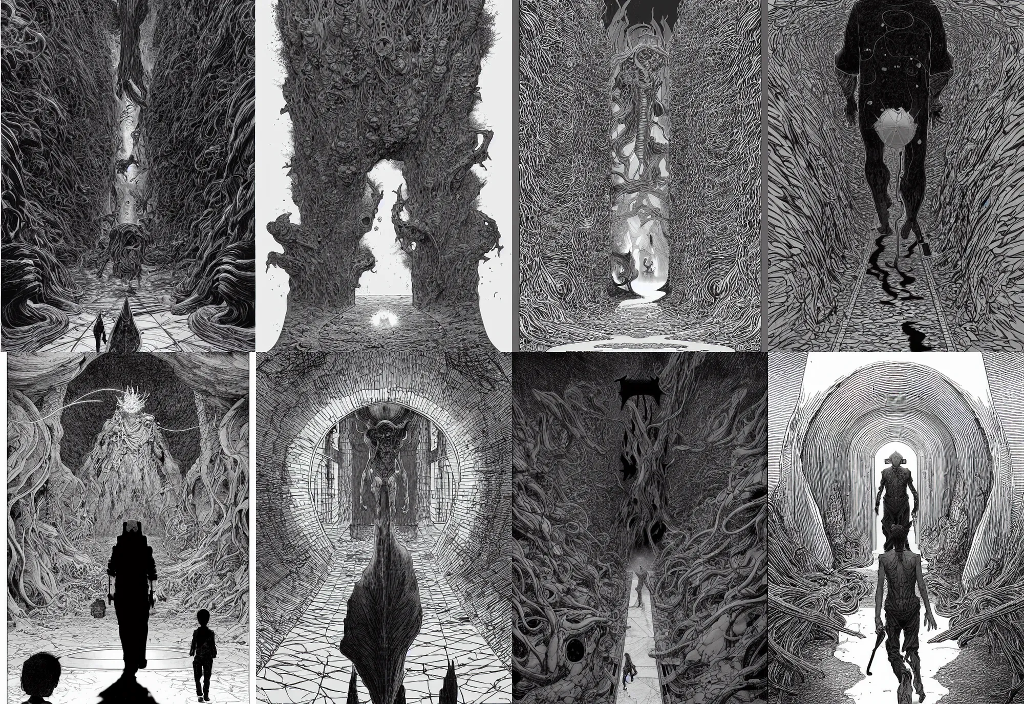 Image similar to walking towards a portal, 2 meters, black and white illustration, by james jean and wayne barlowe and moebius