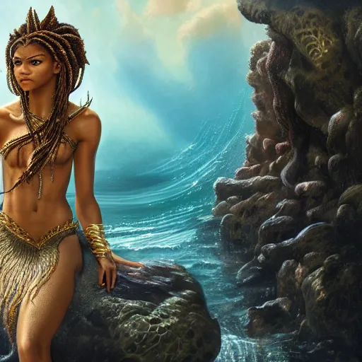 Image similar to zendaya as a dark - skinned mermaid la sirene haitian goddess, ultra - realistic, concept art, intricate details, highly detailed, photorealistic, octane render, 8 k, art by annie leibovitz and frank frazetta and simon bisley, brom