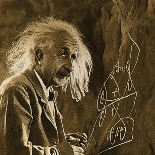 Image similar to Albert Einstein as a neanderthal writing equations on the wall of a cave