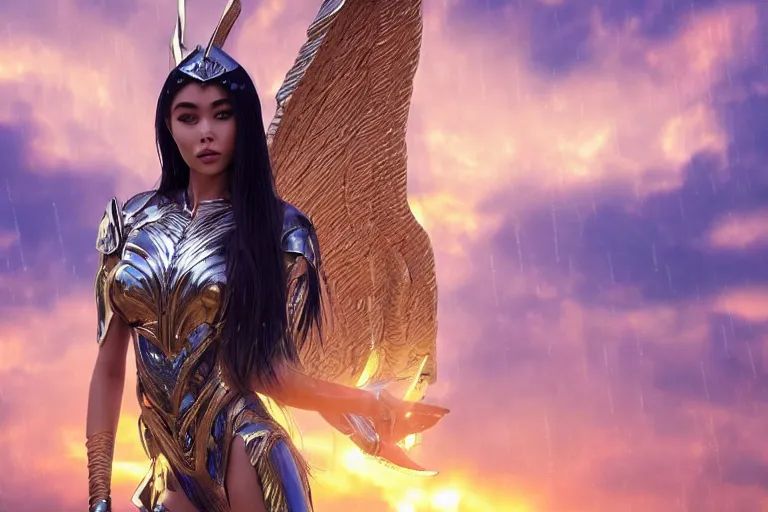 Prompt: wide - shot | dslr | madison beer | as a valkyrie warrior | giant winged horse | detailed face | rain | raytracing!!! | arrows | sunset | smoke | ethereal | golden hour | by victor nizovtsev, john blanche, werner herzog | fantasy | highly detailed | north mythology | realism | film | cinematic 4 k | upscaled!!!