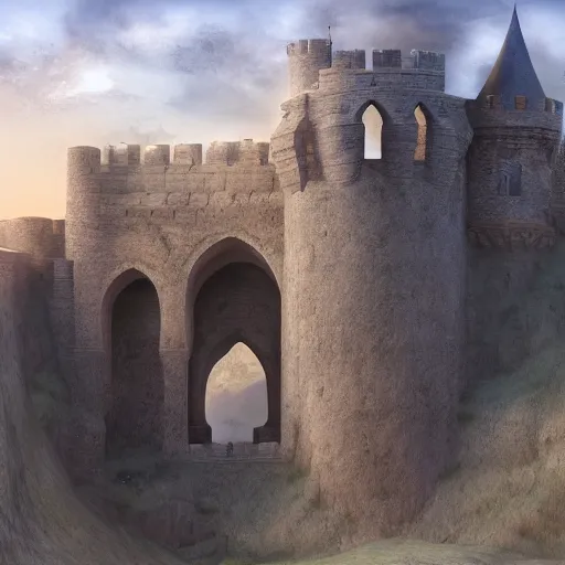 Prompt: A winding castle along the edge of a cliff, stone arches reaching the surface, digital art, matte painting