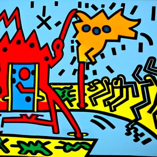 Prompt: a building in a stunning landscape by keith haring