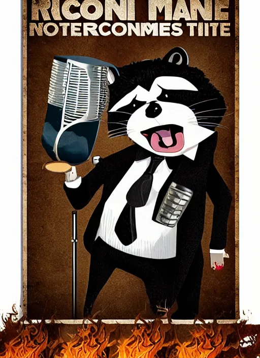 Image similar to A racoon screaming wearing a tuxedo, screaming into an oldschool microphone. Poster