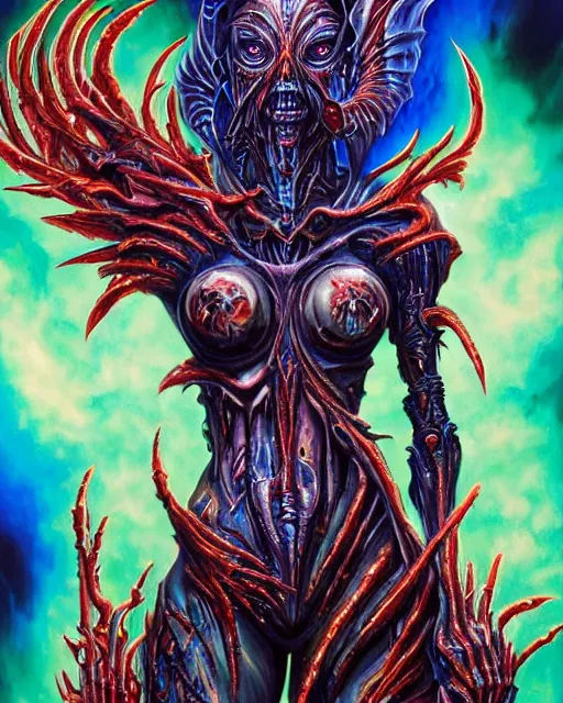 Image similar to mechanical charred bloody fleshmetal cyborg daemonhost woman psychedelic flamer of tzeentch, blue and green rainbow fire, by antonio j. manzanedo, alex grey, android jones, wayne barlowe, philippe druillet, raymond swanland, cyril rolando, josephine wall, harumi hironaka, cronenburg, trending on artstation