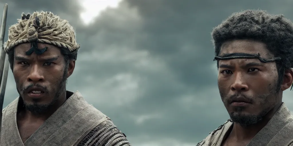 Image similar to a film still of a black man starring in a japanese blockbuster film as san ancient samurai, shallow depth of field, cinematic, award winning cgi, vfx, film still