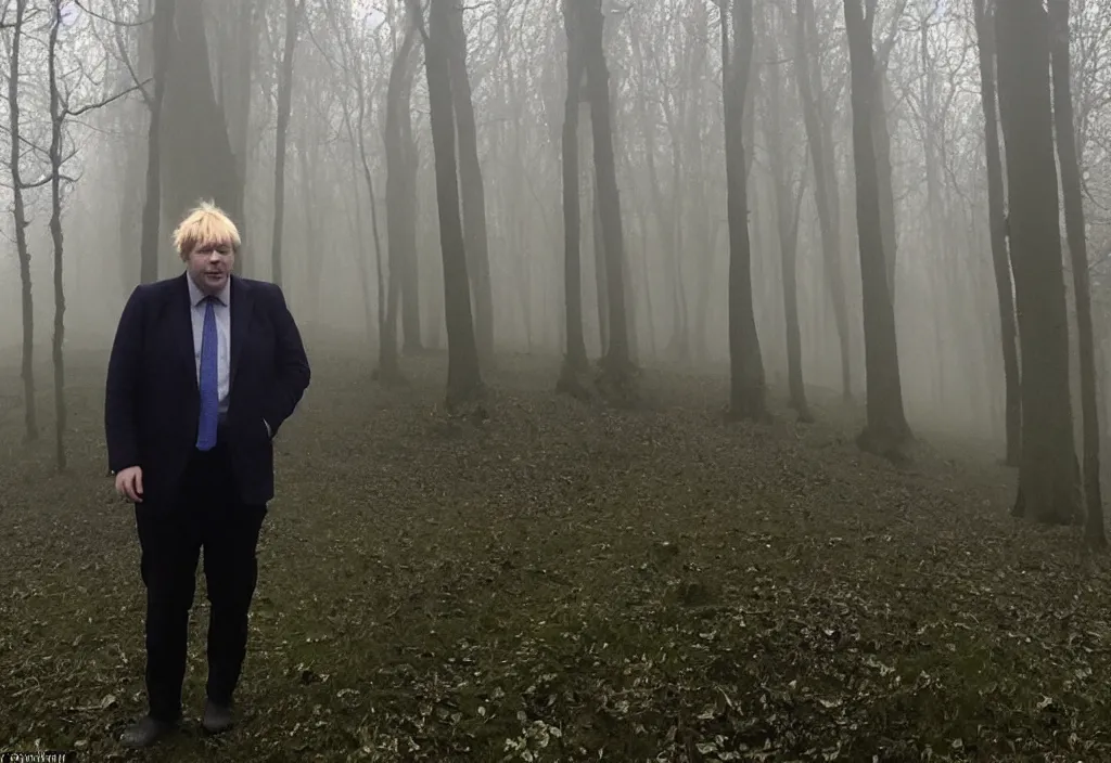 Image similar to low quality iphone photo of boris johnson standing ominously deep in the foggy woods with a demonic smile in his face, low visibility creepy, grainy, trail cam footage