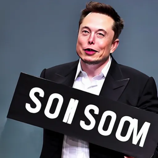 Image similar to a medium shot photograph of elon musk holding a sign with the word soon on it, 4k, ultra HD