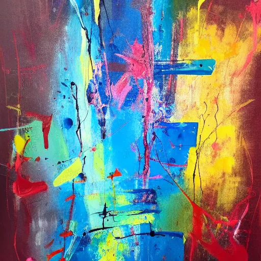 Image similar to abstract art painting, light to dark, bold brush strokes and random paint splatters, acrylic on canvas