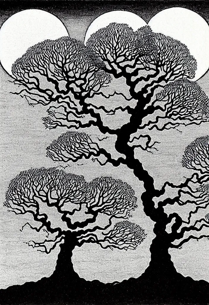 Image similar to prompt: magical white skeleton Bonsai tree roots merging into big moon drawn by Rene Magritte, Japanese woodblock print style, clean ink detailed line drawing, intricate detail, manga 1990